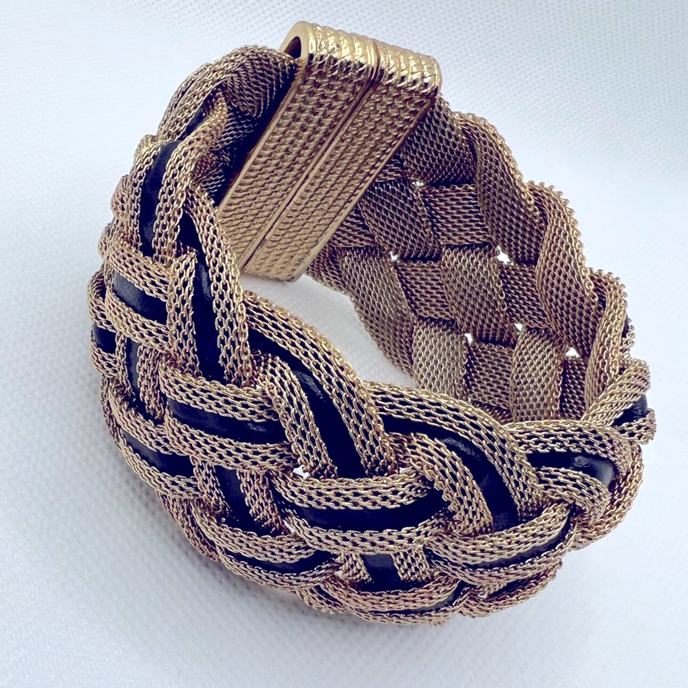 Gold Mesh Bracelet w/Black Leather Inlay and Magnetic Closure